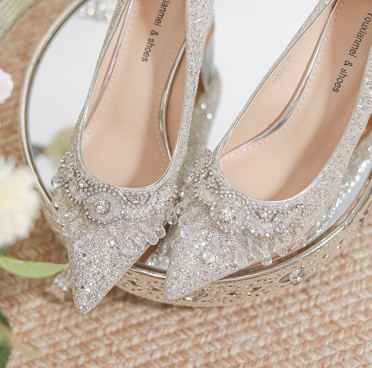 Elegant Silver Chunky Mid-Heel Wedding Shoes | Crystal Comfort - Detail image 3