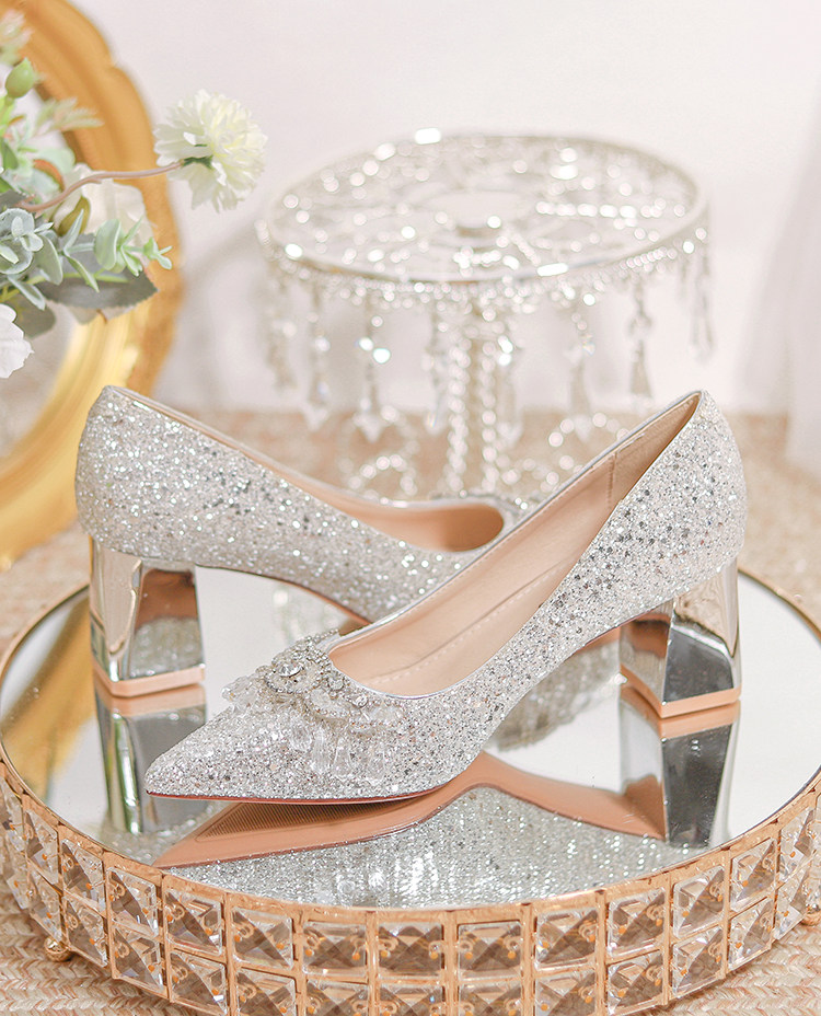 Elegant Silver Chunky Mid-Heel Wedding Shoes | Crystal Comfort - Detail image 2