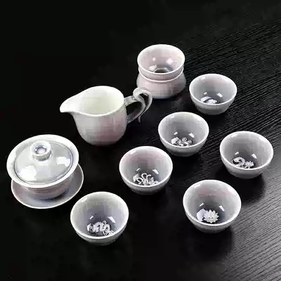 Jingdezhen kiln becomes Tianmu glaze Silver tea set Sterling silver Jun porcelain set Home office Kung Fu tea cup cover bowl gift