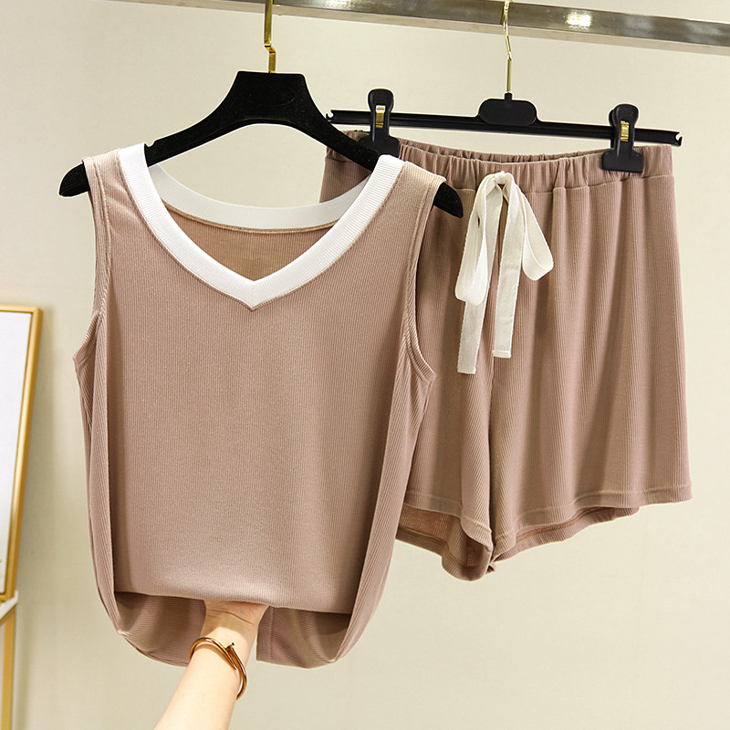 Two-piece modal camisole women's summer large size ice silk color matching loose casual shorts hit color home suit