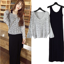 Autumn modal dress Womens round neck pullover loose hollow bat sleeve sweater bottoming two-piece set