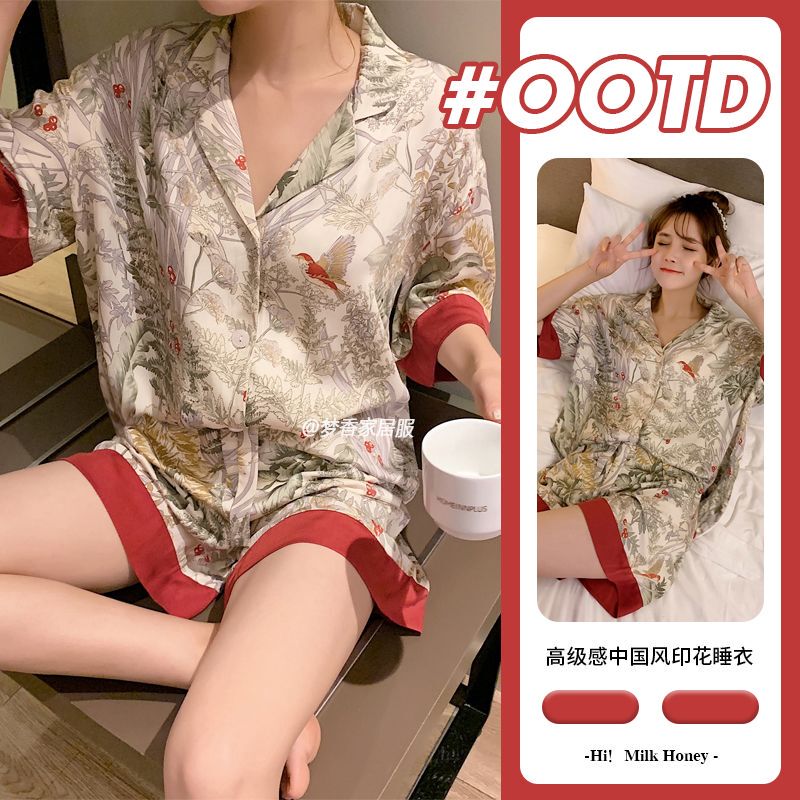 High-End Ice Silk Light Luxury Short-Sleeved Shorts Pajamas for Women Plus Size 1.0-150kg Loose Home Wear Set