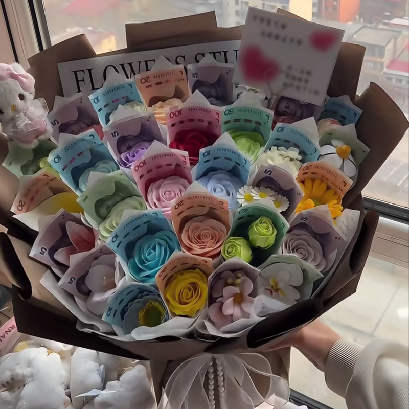 Creative Money Flower Bouquet with Artificial Roses, a Gift for Mother's Day or Birthday, to Give to Mom or Elders as a Token of Gratitude