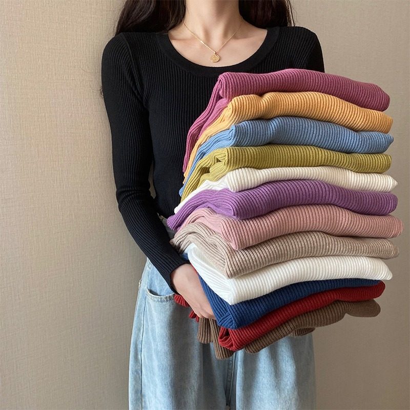 Large size Fat mm pure color round collar Long sleeves Knitted Cardiovert Autumn Winter New body Thunder jacket Bottom Jersey Female Tide-Taobao