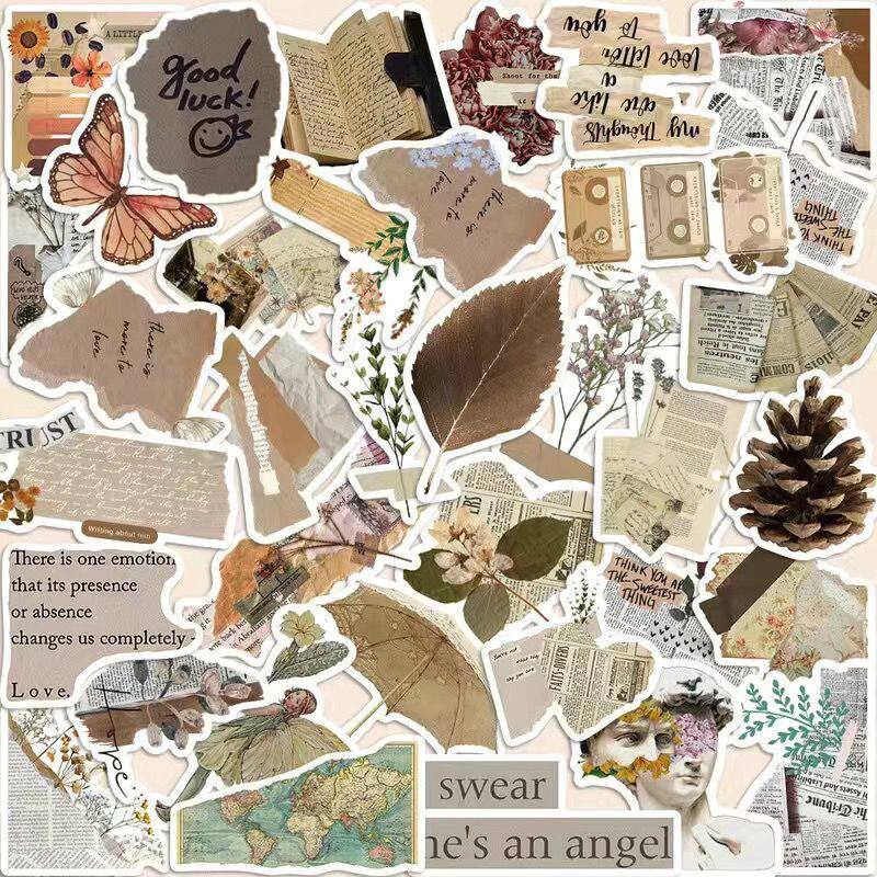 古新聞の破れた紙から作られた、ヴィンテージ風ステッカー100枚セット。DIYジャーナリング、スマホケース、水筒などに貼れる防水デコレーションステッカーです。