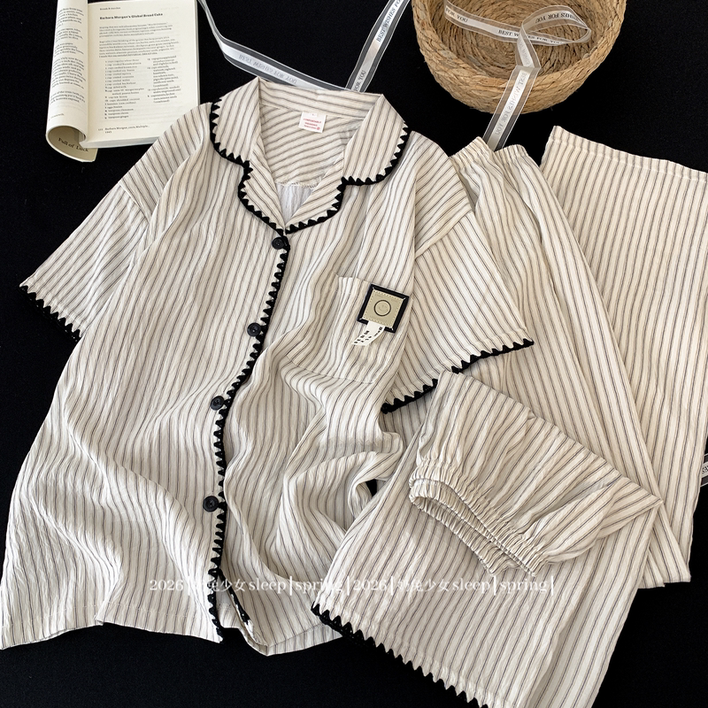 Couple's Pajamas for Going Out, Women's Summer Gray Striped Cloud Cotton Shirt Collar Casual Style Home Wear Three-Piece Set