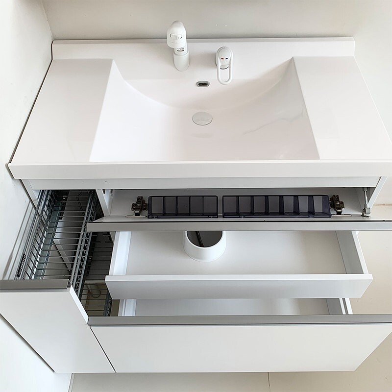 Japanese-Style Inclined Countertop Bathroom Cabinet Set with Storage Drawers, Pull-Out Baskets, Simple White Vanity Mirror Cabinet, Umei Bathroom