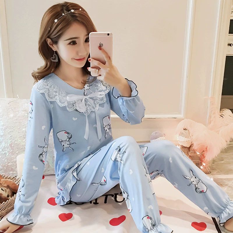 Bộ đồ ngủ nữ dài tay cotton phối ren phong cách hàn quốc công chúa ngọt ngào gió xuân thu có thể mặc nhà - Giống cái