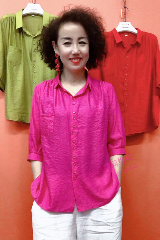 Trendy Mother's Clothing Solid Color Cotton and Linen Blouse Women's Summer Breathable Thin Slimming Age-Reducing Turn-Down Collar Three-Quarter Sleeve Shirt