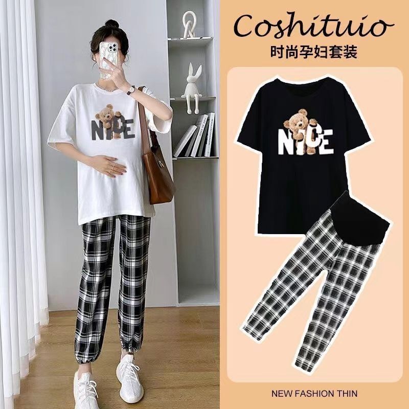 Maternity Wear Summer Thin Sweet Cartoon Pure Cotton Short-Sleeved T-Shirt Top Casual Loose Plaid Belly Support Pants Set Maternity Wear Summer Thin Sweet Cartoon Pure Cotton Short-Sleeved T-Shirt Top Casual Loose Plaid Belly Support Pants Set