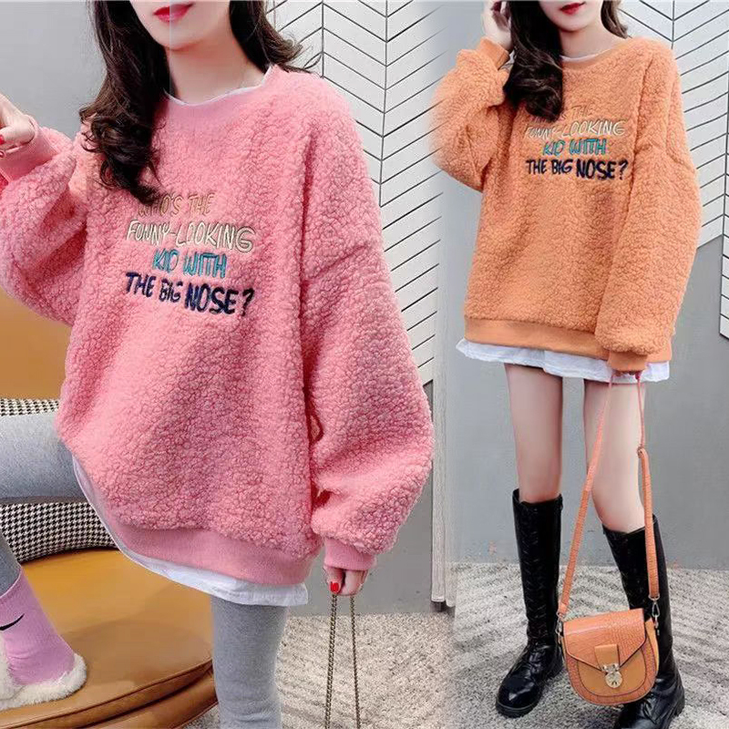 Maternity Wear Autumn and Winter New Style Embroidered Letter Fake Two-Piece Fleece-Lined Thickened Sweatshirt Spring and Autumn Lamb Wool Maternity Top Maternity Wear Autumn and Winter New Style Embroidered Letter Fake Two-Piece Fleece-Lined Thickened Sweatshirt Spring and Autumn Lamb Wool Maternity Top