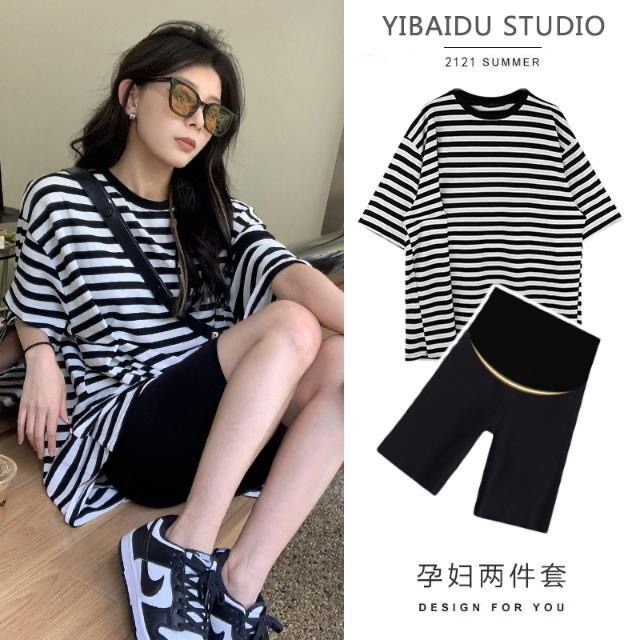 Summer New Maternity Wear, Fashionable Striped Short-Sleeved Cotton T-Shirt + Sharkskin Belly-Supporting Shorts Two-Piece Set Summer New Maternity Wear, Fashionable Striped Short-Sleeved Cotton T-Shirt + Sharkskin Belly-Supporting Shorts Two-Piece Set