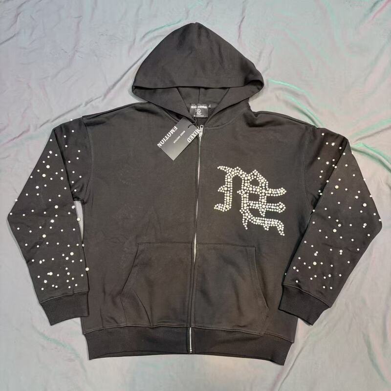 Mixed Emotion High Street Style Rhinestone Hooded Cardigan Sweatshirt Set for Men, Loose Casual Sports Suit Trendy