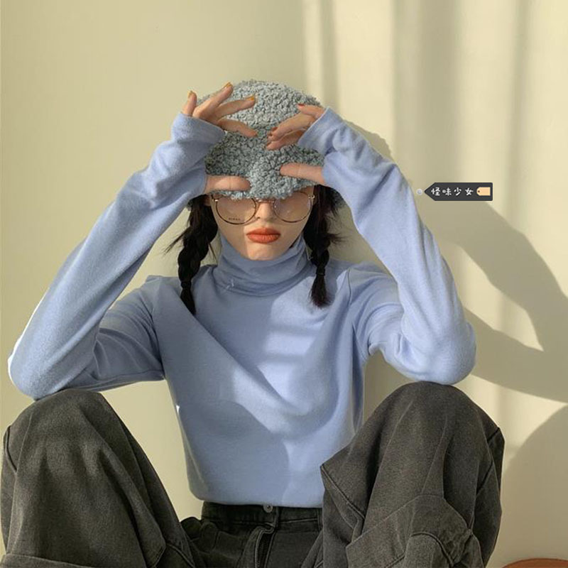 Autumn and Winter Haze Blue Brushed Turtleneck Base Shirt for Women, Loose Fit, Warm, Stylish, High-End Long-Sleeved Pure Cotton Top