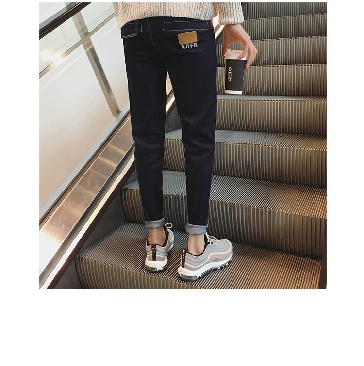 Quần jeans nam mùa đông phiên bản Hàn Quốc 9 quần 2018 xu hướng mới quần lửng ống nhỏ lỗ đen cộng nhung dày shop thời trang nam