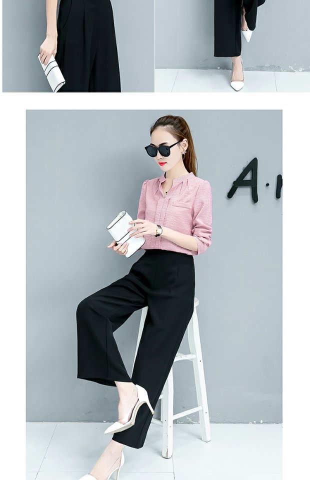 Áo xuân hè 2018 mới áo thun dài tay nữ quần ống rộng phù hợp với thời trang quần dài Hàn Quốc hai bộ thủy triều áo sơ mi nữ 2018 hàn quốc