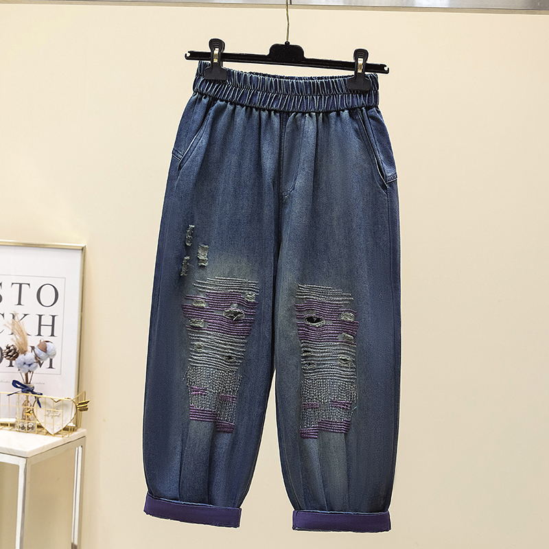Plus Size Women's Summer Ripped Cropped Jeans for Chubby Girls, Thin Elastic High-Waisted Loose Harem Pants Plus Size Women's Summer Ripped Cropped Jeans for Chubby Girls, Thin Elastic High-Waisted Loose Harem Pants
