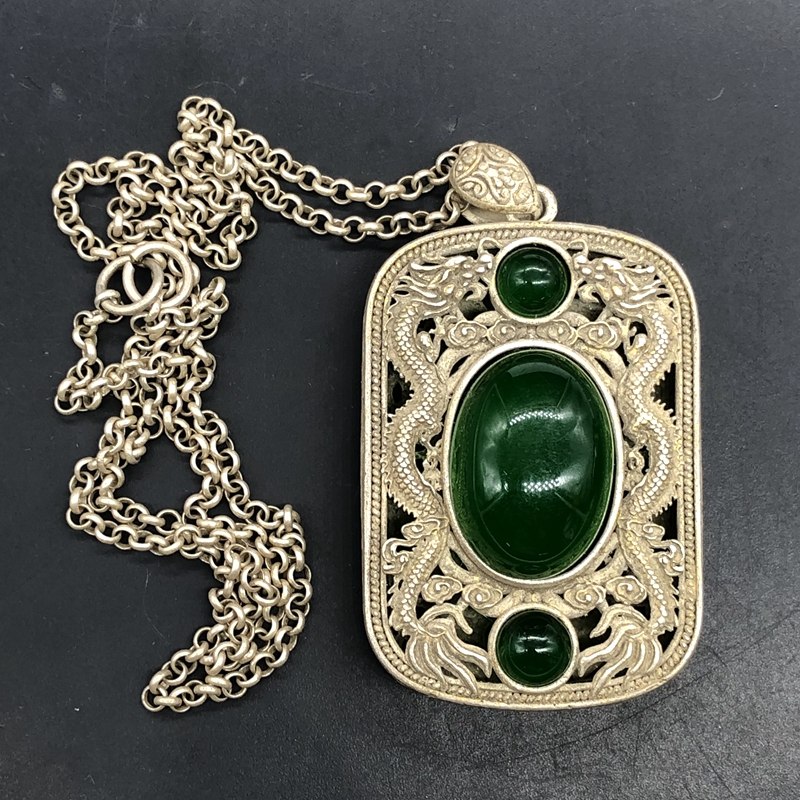 Antique Miscellaneous Hollowed-out Large Qingqian Long-Silver Double Dragon Drama Pearl Pendant Green Gem Pendant-Taobao