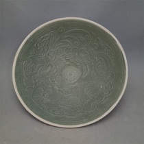 Song Hutian kiln shadow Green enamel carved flower Phoenix pattern bowl Antique antique antique porcelain thrift collection All handmade