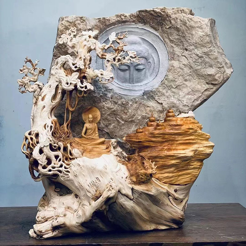 Taihang Cliff Buddha Buddha Statue Zen Buddhist Buddha Pendulum Root Hug Stone Root Carved wood Hand Engraving Craftsmanship Gifts Swing figures