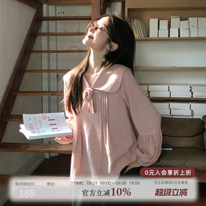 Mucha Wood Tea "Pink Brown Rose Rose" Elegant Artistic Style Navy Collar Shirt Women's Autumn Loose Lace-Up Casual Top