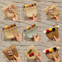 2019 New handmade straw bag summer little girl diagonal bag bag Korean girl cute cherry coin purse summer