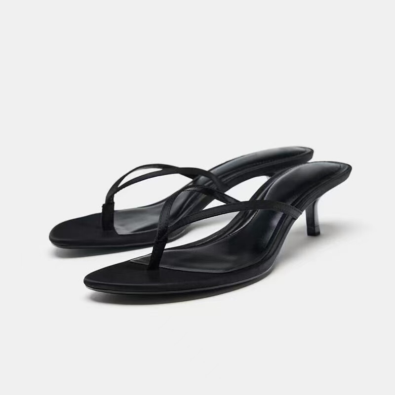 Za2026 Spring and Summer New Style Kitten Heel Flip-Flops, Simple Holiday Style Round-Toe Sandals, High-Heeled Thong Sandals