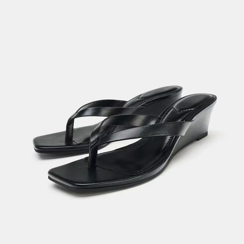 Za Women's Shoes 2026 Spring and Summer New Arrivals Black Strap Square Toe Slip-On Wedge Sandals 2341710 800