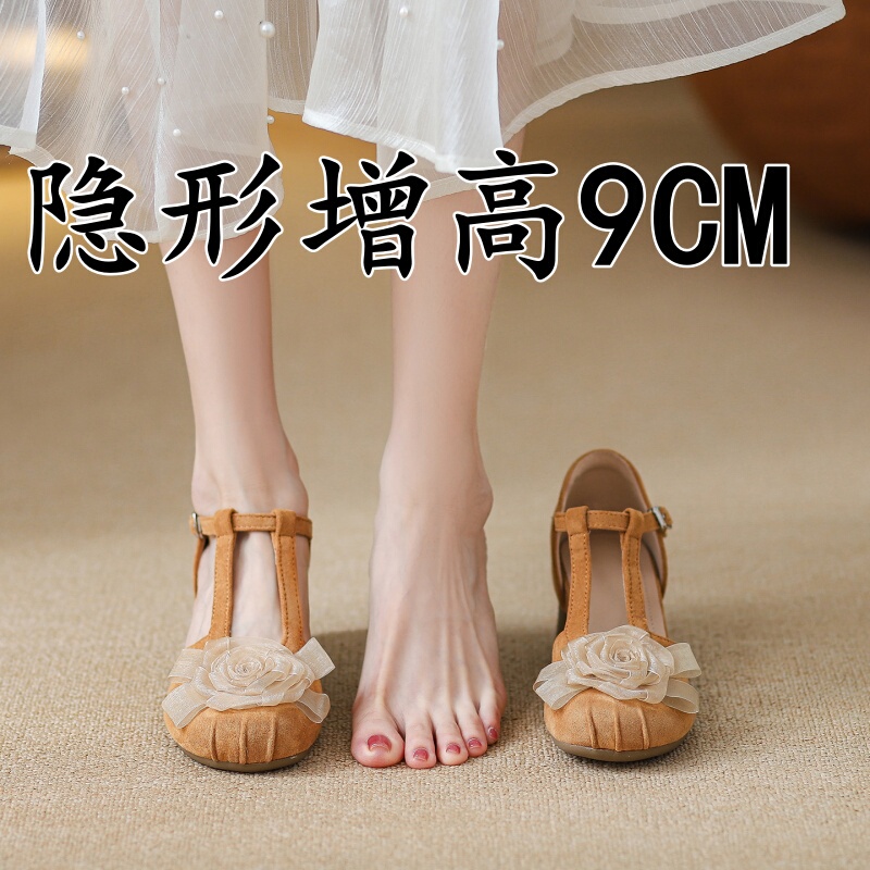 Genuine Leather Height-Increasing 9cm Chunky Heel Mary Jane Shoes for Women 2026 New Style Shallow Mouth Side Hollow Breathable Single Shoes Hollow Sandals