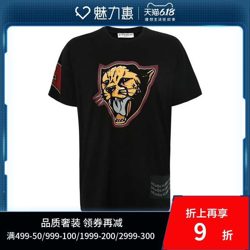 Givenchy/纪梵希2020春夏黑色豹头印花标签贴布男士圆领短袖T恤