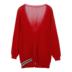 ZUKKA PRO tối giản màu đỏ sọc cardigan hem thường phụ nữ dài tay dệt kim 