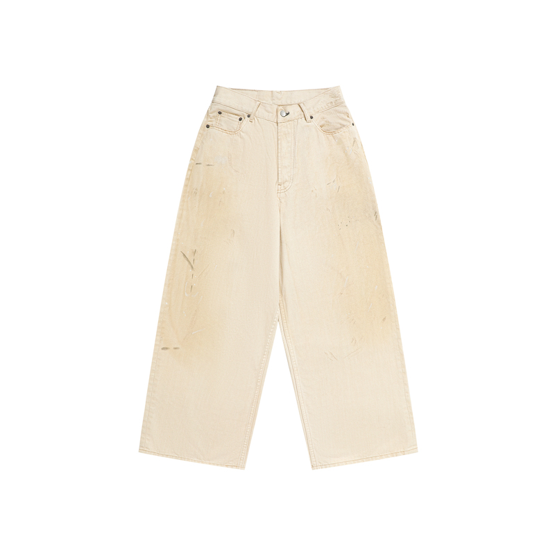 Roaring Little Eyes Ac2023 Splatter Ink Washed Vintage Baggy Loose Wide-Leg White Jeans Unisex