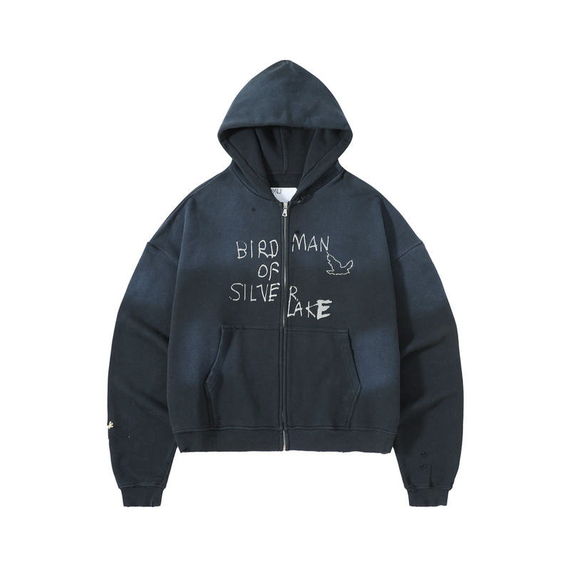 Roaring Little Eyes Paly Hollywood 25Ss Pigeon Rhinestone Patch Distressed Zipper Hoodie