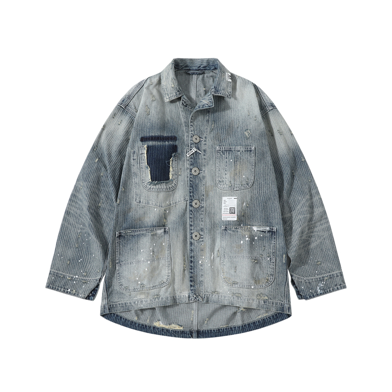 Roaring Little Eyes Mmy Washed Distressed Jacquard Denim Loose Fit Os Shirt Jacket Coat