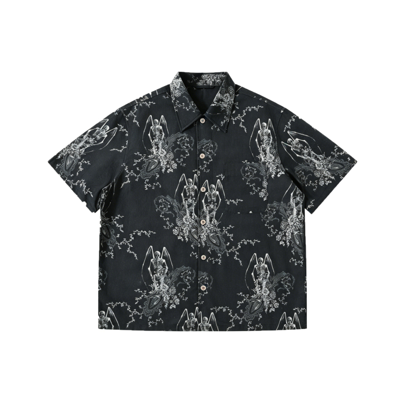 Roaring Little Eyes Our Leg Style 26Ss Skull Angel Print Cotton Linen Loose Shirt Short Sleeve Roaring Little Eyes Our Leg Style 26Ss Skull Angel Print Cotton Linen Loose Shirt Short Sleeve