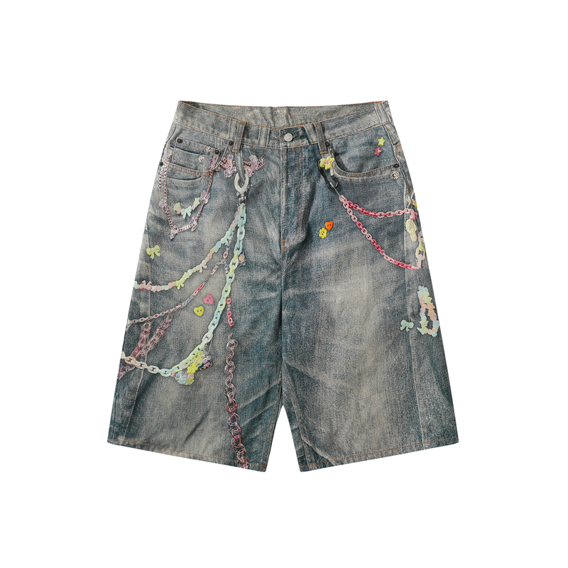 Roaring Little Eyes Exclusive Fabric 25 Chain Candy Rainbow Ac Digital Print 3D Printed Denim Shorts