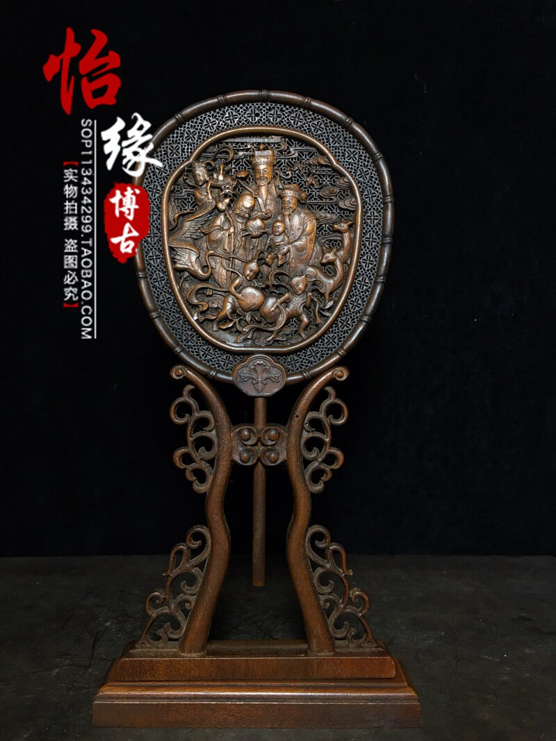 旧蔵 黄楊木 手彫り 龍戲珠 鏤空二連屏風 開運 置物 置物インテリア