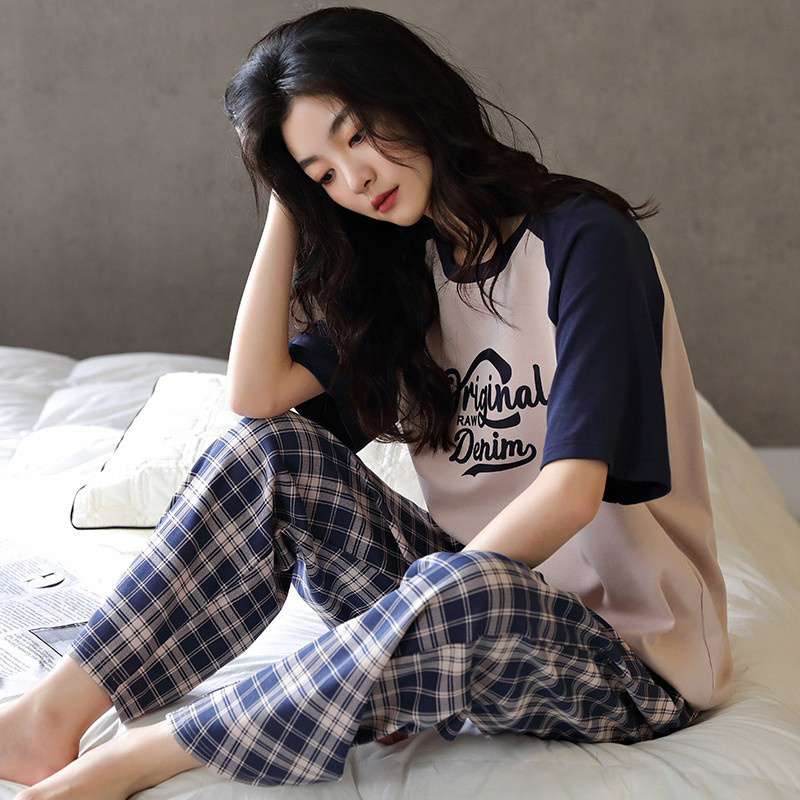 Japanese Pajamas for Women, Summer Cotton Short-Sleeved Long Pants Plaid Set, 2026 New Style, Can Be Worn Outside, Round Neck Loungewear