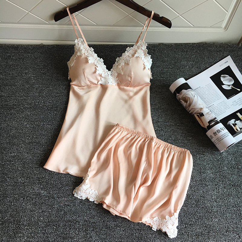 Japanese pajamas women summer thin with chest cushion sexy hot ice wire Superior purity lady hanging sleeping skirt