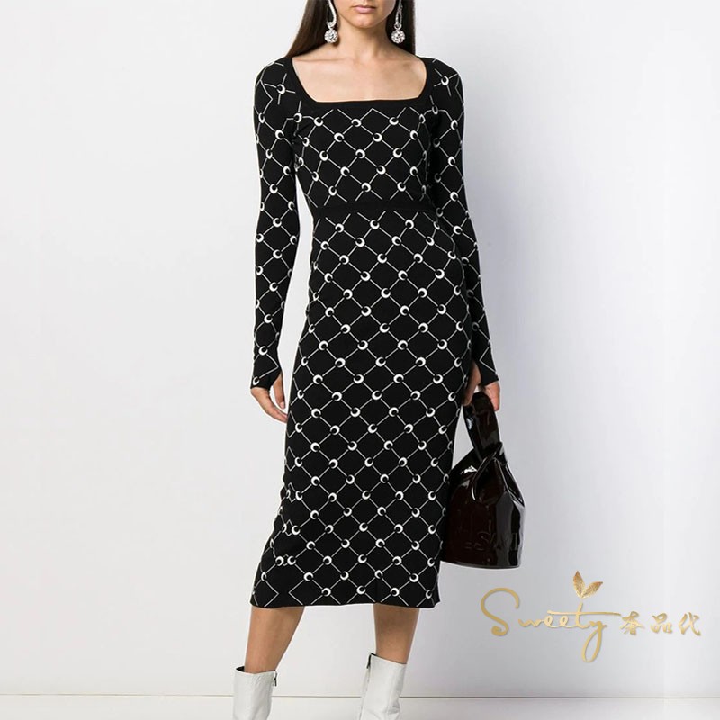 Marine Serre 21 New Long Knit Dress Moon Embroidered Sheath Split Classic Elegant Long Dress