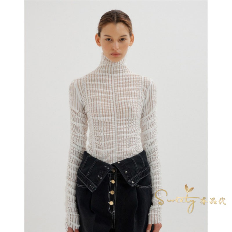 EENK 21 Fall-Summer New Turtleneck Solid Color Ruffled Leggings Slim Versatile Ladies Casual Long Sleeve t-Shirt Women