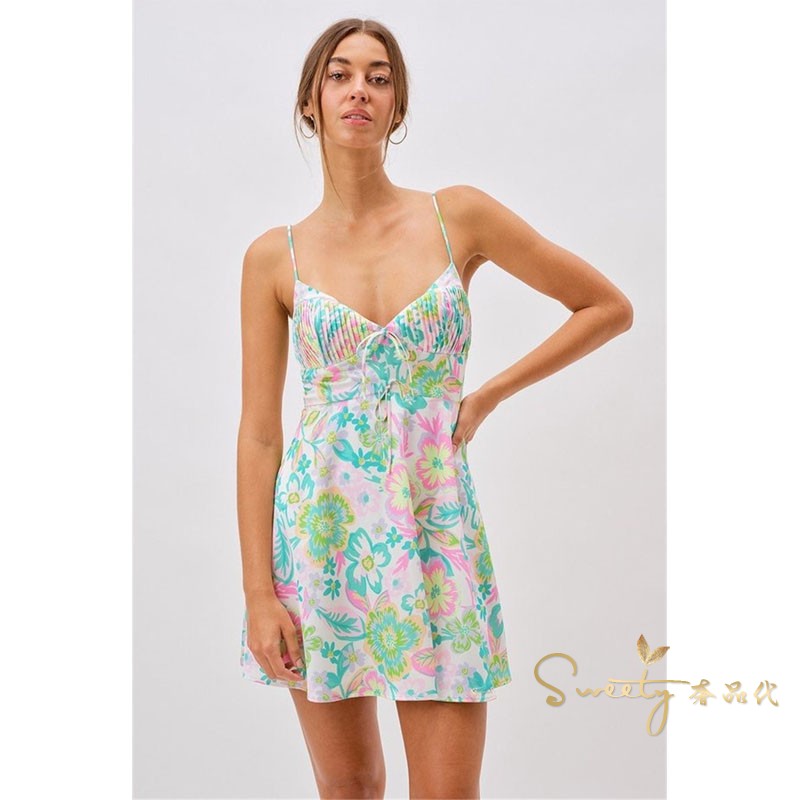 For Love Lemons 21 summer new tropical flower printing hanging with fluttering mini dress