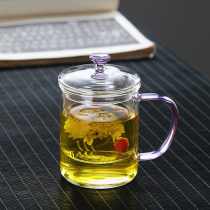 Thickened glass tea cup high temperature resistant floral tea cup green tea cup mens and womens personal tea cup household with handle and lid