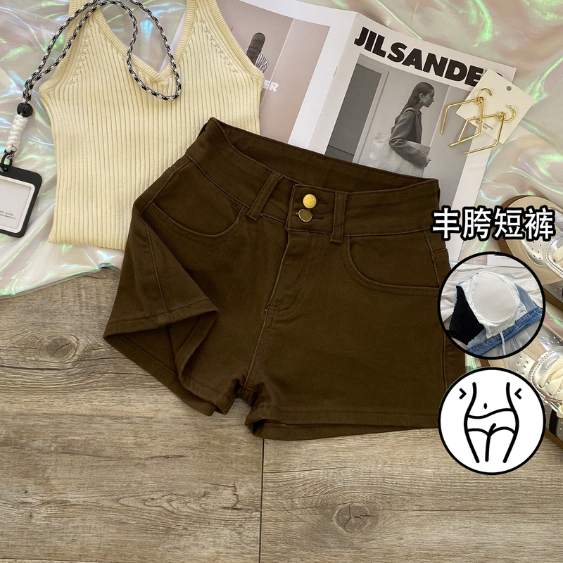 Brown Denim Shorts for Women, Summer 2026, Thin High-Waisted, Hip-Lifting, Tight-Fitting A-Line Shorts for Outerwear