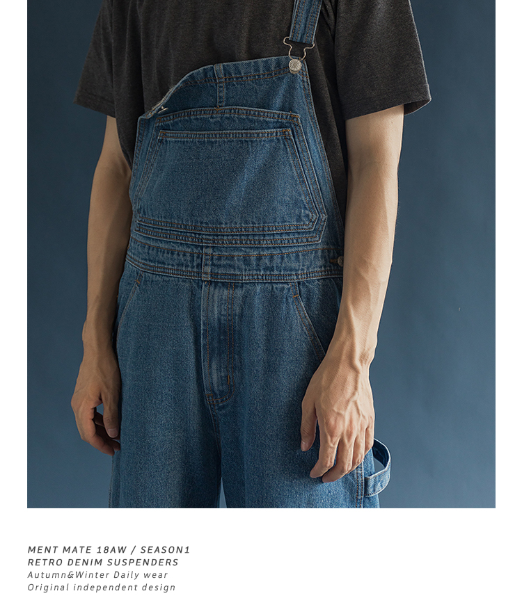 Phong cách dụng cụ retro kiểu Hồng Kông hoài cổ Harlan bỏ túi denim bib đường phố nam và nữ quần ngố nam