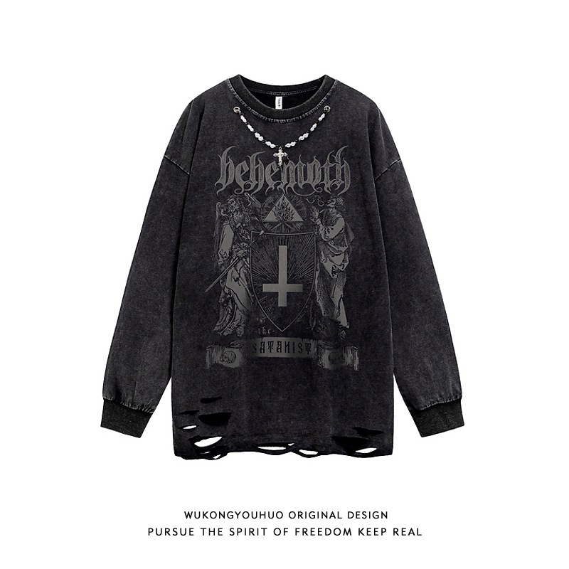 Wukong Has in Stock American Retro Printed Washed Distressed Crew Neck Sweatshirt for Men and Women, Loose and Versatile Trendy Base Layer Top
