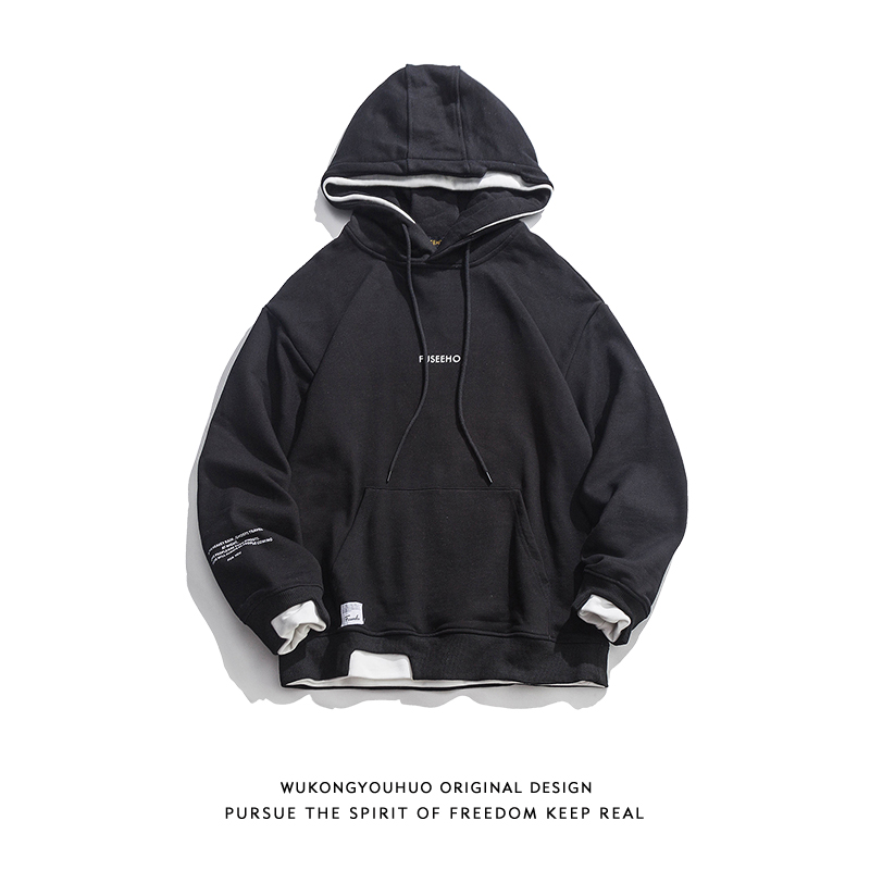Wukong has goods autumn new Japanese retro fake two-piece hooded sweater men's and women's trendy brand loose hip-hop couple jacket