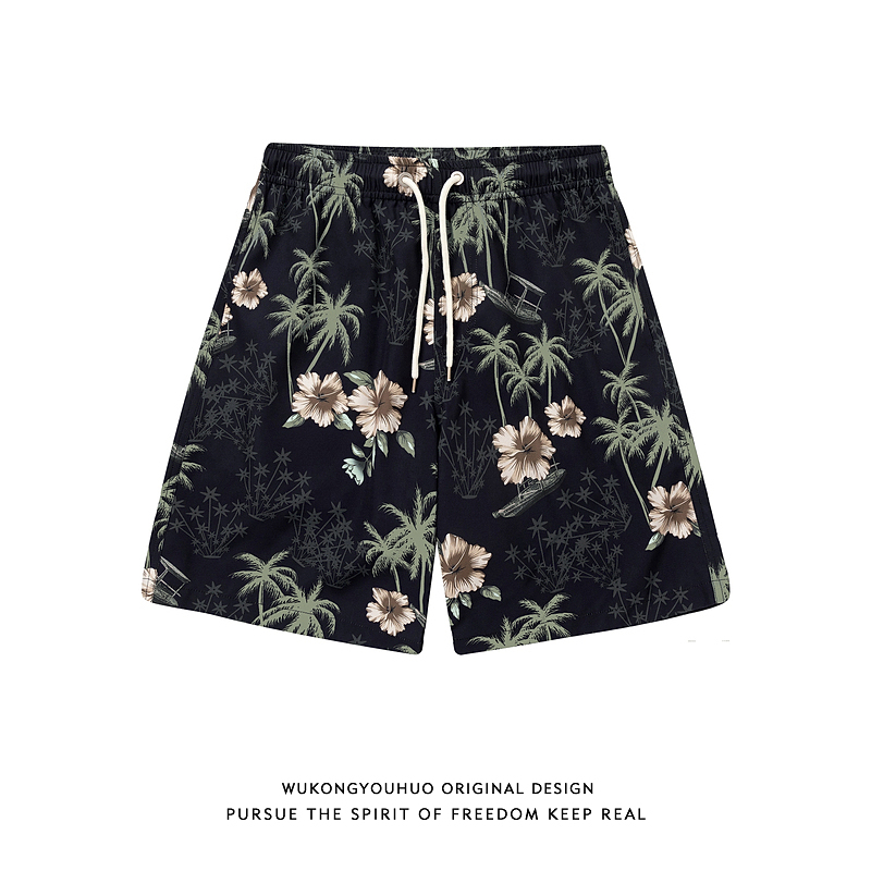 Wukong Has in Stock Hawaiian Coconut Tree Print Sports Shorts for Men and Women, Ice Silk, Lightweight, Cool, Casual Beach Shorts