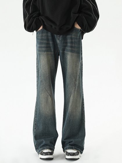 悟空有货美式复古做旧水洗微喇牛仔裤男cleanfit街头宽松直筒长裤