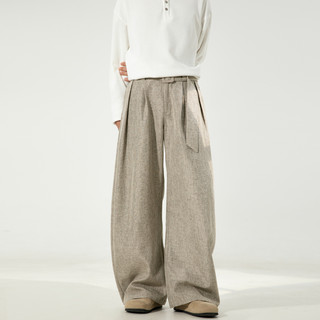 Relaxed old money style belted linen pattern scimitar trousers